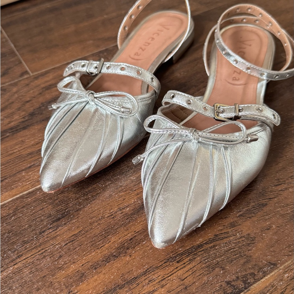 Vicenza Silver Ankle Strap Flats - Picture 2 of 7